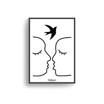 affiche-poster-deco-minimaliste-lineart-hirondelle-couple-bisou-amour-femme-noir-www-shokoon-lafficheuse-com