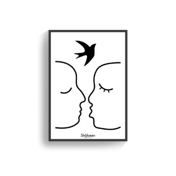 affiche-poster-deco-minimaliste-lineart-hirondelle-couple-bisou-amour-homme-femme-noir-blanc-www-shokoon-lafficheuse-com