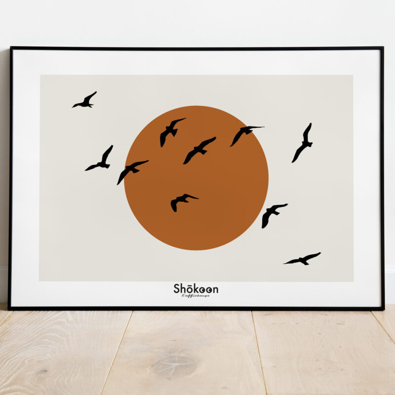 affiche-poster-minimaliste-coucher-de-soleil-terracotta-oiseaux-shokoonlafficheuse